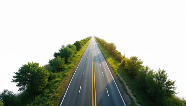Straight empty asphalt highway road goes to horizon between green grassy hills and trees. Dual carriage way with yellow center line, white lane markers under bright sky.