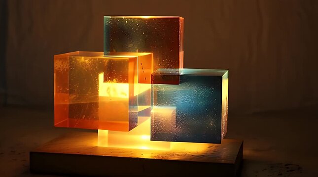 Glowing translucent cubes of varying sizes intersect. The lighting casts warm hues and highlights the edges. A square base supports the form