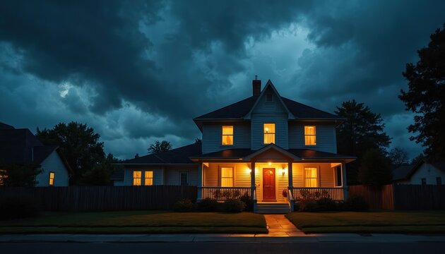 Lit house glows warmly against dark stormy sky at twilight. Peaceful suburban home awaits, safe haven from the moody weather. Cozy dwelling offers comfort and shelter.