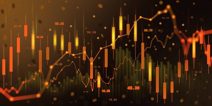 Abstract financial background with stock market and forex charts, glowing data lines and candlestick graphs, modern financial technology concept design for trading, investment, market analysis.