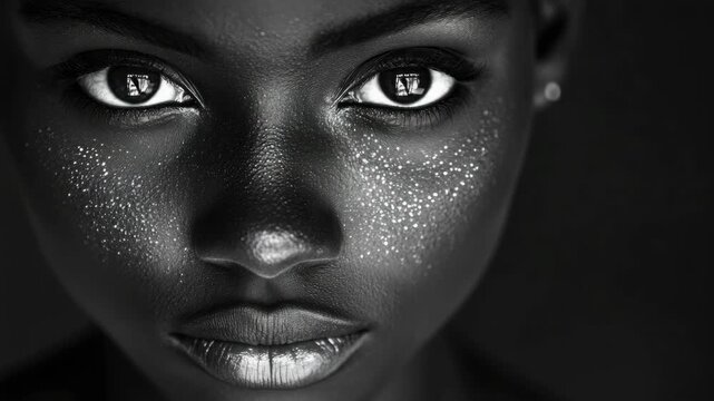 Portrait of a woman with eyes as stars, surrounded by cosmic dust, set against a high-contrast background. A creative and modern take on photography that combines elements of science fiction with fine