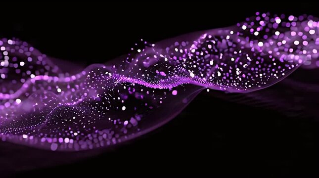 A dark background sets the stage for a flowing, luminous stream of purple light, speckled with glowing dots. Waves of light create an abstract aesthetic