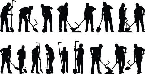 Labor worker silhouettes set, digging shovel tasks, manual construction work, industrial laborers, maintenance activity, workforce concept, physical job, tools usage, groundwork © MstRashrda