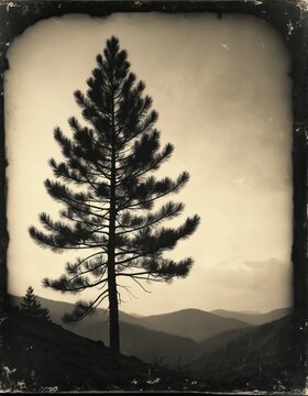 Isolated pine tree silhouette on hill. Vintage wet plate collodion tintype photo. Mountains layered in background. Sepia tone and old border.
