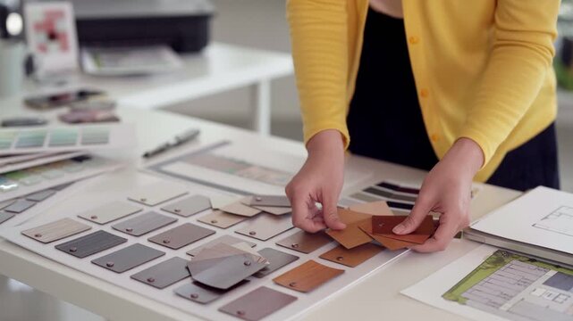 Professional designer hands choosing material samples for architectural project in office workspace interior design studio