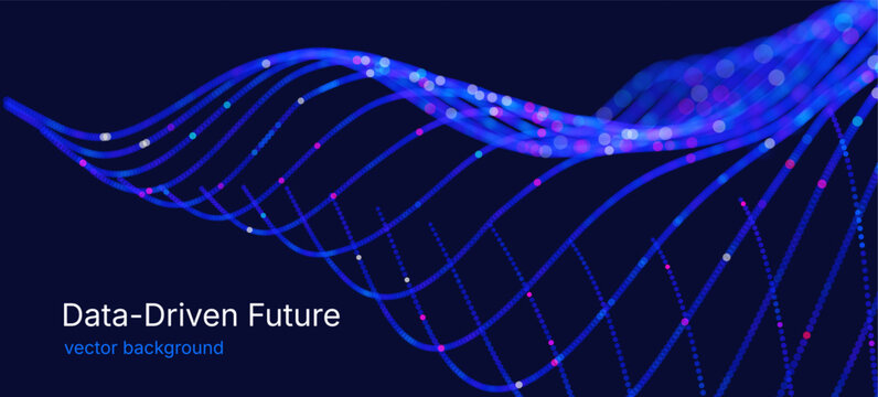 Futuristic abstract vector background with flowing neon lines and glowing particles forming a dynamic wave pattern on a blue background. Big data processing, artificial intelligence, digital networks