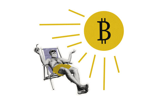 Composite photo collage of old pensioner lie lounge sun tun bitcoin symbol trader workless relax coconut isolated on painted background