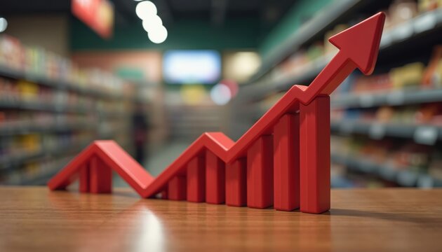 Red graph line indicating upward trend on grocery store shelf background. Symbolizes rising prices and inflation impact on retail shopping and consumer budgets, economic concerns.