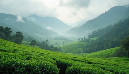 Naklejka premium Rich green tea plantation terraces climb misty mountains. Foggy valleys create serene natural landscape. Verdant hillsides show agricultural farming. Fresh tea leaves grow in lush scenery.