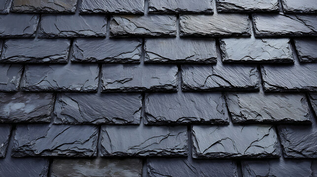 A close-up of a slate roof with many slate shingles