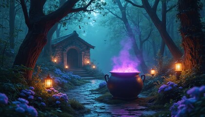 Naklejka premium Mystical forest scene features witch cauldron with purple smoke near stone house. Lanterns glow on path by blue flowers. Enchanted woods setting for fantasy, magic, and spooky themes.