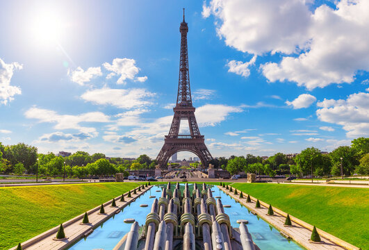 Famous Eiffel Tower with Trocadero Gardens Fountain, front view, Paris, France
