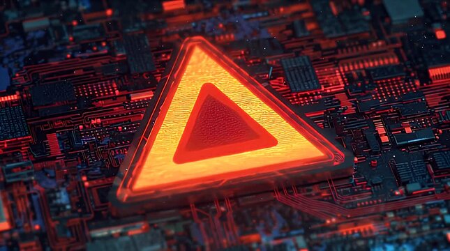 A luminous, orange triangle sits atop a complex digital circuit board, its edges and surrounding elements illuminated with red. The overall aesthetic is futuristic