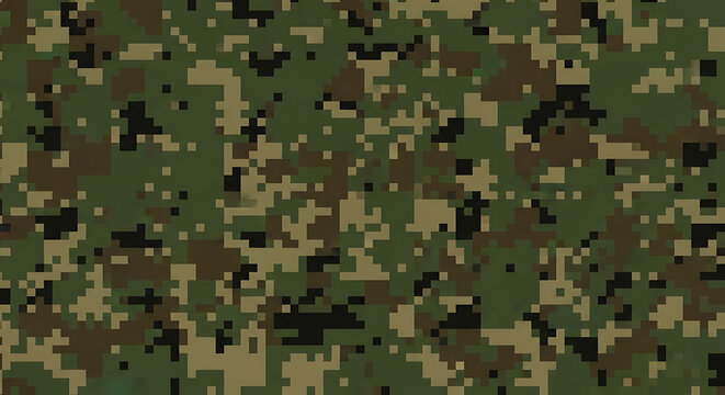 Seamless Digital Military Camouflage Pattern with Pixelated Army Texture Background for Tactical Combat Gear and Soldier Uniform Graphic featuring Woodland Stealth Warfare and Aesthetic Surface.