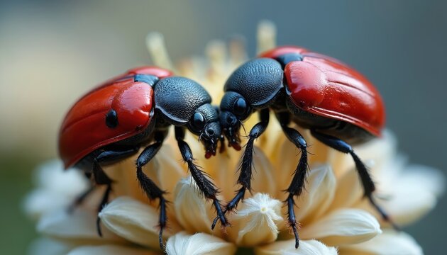 Two red beetles touch antennae on light yellow flower petals. Macro view shows insect pair, black body, legs, fuzzy detail. Nature beauty, life cycle, interaction.