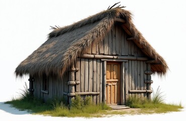 Naklejka premium Small rustic wooden hut with thatched roof and simple door. Isolated on white background, this cozy structure evokes a sense of historical rural living.