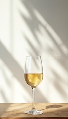 Naklejka premium Glass of golden white wine sits on wooden table. Sunlight casts leaf shadows on wall. Refreshing drink, perfect for restaurant menu or winery ad.