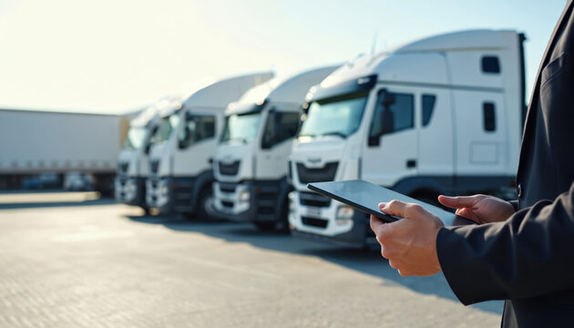 Man in suit uses tablet computer near parked trucks for logistics management. He checks route plans on screen. Modern fleet operations with digital tech.