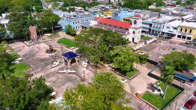 Aerial drone footage views of town square and La Catedral de Santiago Ap&oacute;stol, Fajardo, PR