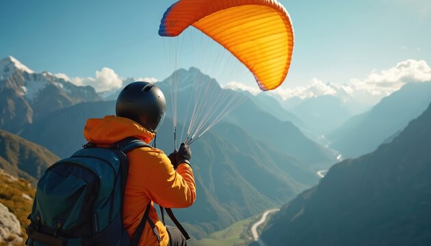 Paraglider prepares for flight high above mountain valley. Orange parachute ready, person wears helmet and backpack, ready for aerial adventure.