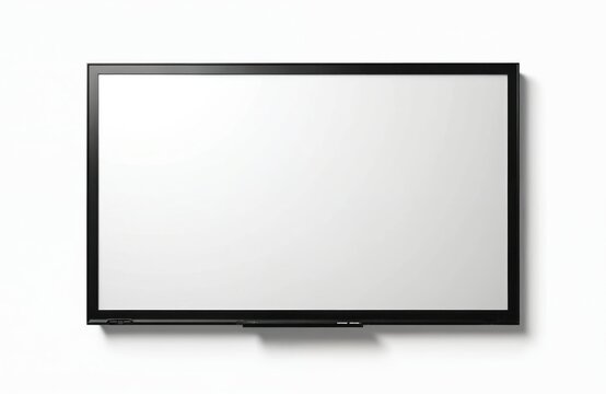 Blank digital whiteboard with black frame hangs on white wall. Interactive screen for presentations, lessons, and meetings. Modern office or classroom display ready for content.