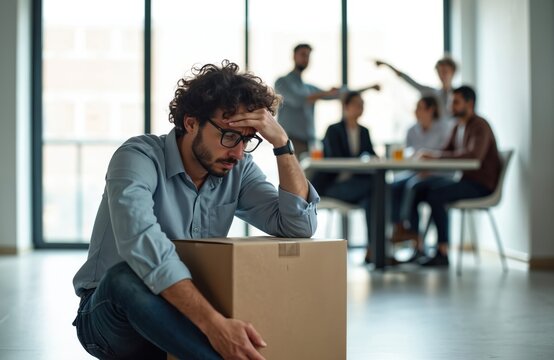 Man with cardboard box sits on office floor head in hand. Colleagues behind him look on, some pointing. He seems sad and stressed, perhaps after losing his job.