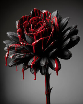 Horror-style photo of a black, gothic, bloody Chrysanthemum (Dahlia) against a dark background. Gothic vampire flower with blood drops.