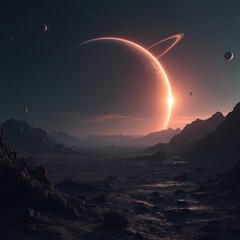 Fototapeta premium Ringed planet rises over rocky alien world. Moons orbit in dark starry sky. Sun light bathes desolate landscape. Distant mountains form horizon.
