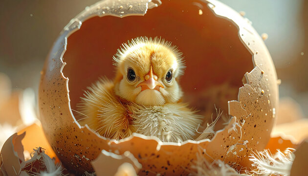 Newborn chick hatching from eggshell with feathers around close up