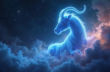 Fototapeta premium Blue glowing goat with stars swims through night clouds. Celestial Capricorn zodiac symbol floats in cosmos. Mystical creature horn, magic sky, astral energy.