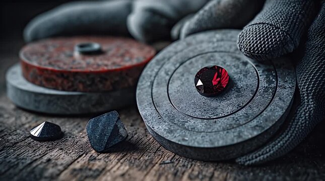 A red gemstone sits on a stone disc, surrounded by tools and other gems on weathered wood. The dark lighting enhances detail