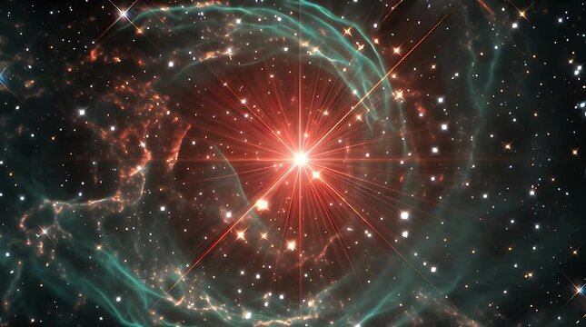 A vibrant cosmic display featuring a radiant core emitting bursts of light, surrounded by nebulous clouds, punctuated by glittering stars. The color palette incorporates fiery reds and teal hues