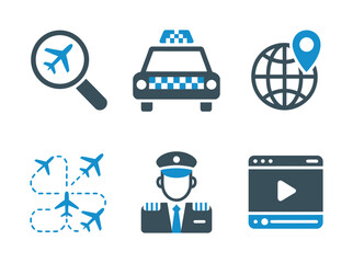 Collection of vector icons representing travel, navigation, and security themes © Shil