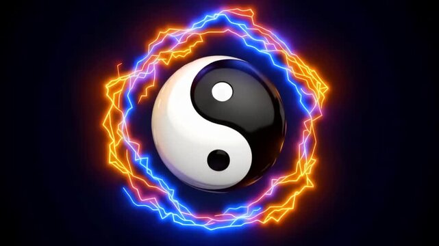 A glowing yin-yang symbol surrounded by electric blue and orange lightning on a dark background, representing harmony and energy