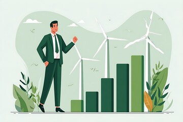 Fototapeta premium Green Energy Investment Growth Graph With Businessman And Wind Turbines high resolution photo