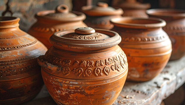 Close up of brown handcrafted pottery vessels selective focus and texture