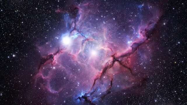 A vibrant nebula explodes with pink, purple, and blue gas and stars in a distant galaxy