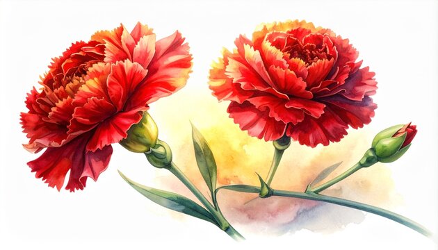 赤いカーネーションと蕾を描いた美しい水彩画の母の日イラスト