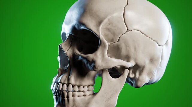 Close-up of a human skull on a green background, commonly used for medical or educational purposes