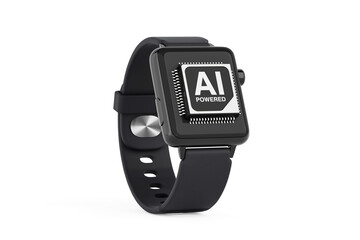 Fototapeta premium AI Technology Wearable Concept With Smartwatch. Black Smart Watch Featuring AI Powered Chip Interface On White Background Modern Gadget Scene. 3d rendering