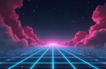 Fototapeta premium Glowing neon grid road leads through pink clouds under starry night sky. Digital landscape with retro futuristic synthwave aesthetic. Abstract cyberspace background.