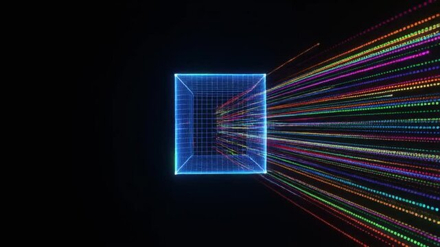 Futuristic glowing blue cube emits vibrant multicolored lines and particles on dark background for technology concept