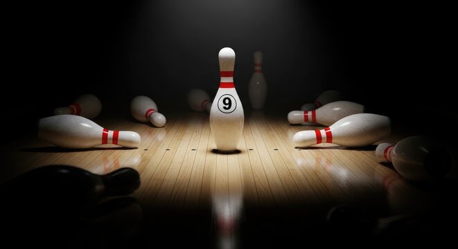 Bowling Pins Standing on Wooden Lane.