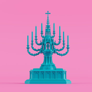 Luxury Gothic Decor Concept In Duotone Style. Ornate Candle Chandelier With Lit Candles In Blue Tone On Pink Background. 3d rendering