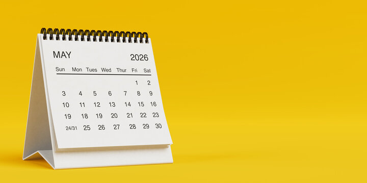 White Desk Monthly May 2026 Business Calendar. 3d Rendering