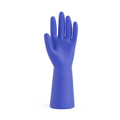 Obraz premium Personal Protection And Hygiene Safety Concept. Blue Rubber Protective Glove Raised Upright On White Background. 3d Rendering