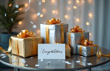 Naklejka premium Wrapped gift boxes with gold ribbon sit on a shiny table. Confetti falls around a card reading Congratulations. Soft lights glow in background.