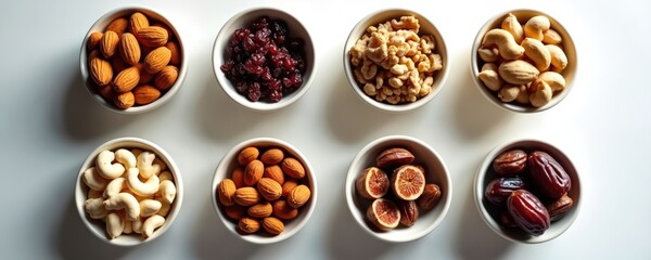 Obraz premium Eight bowls contain assorted nuts and dried fruits almonds cashews walnuts raisins figs and dates. Healthy food arrangement for snacking or festive occasions. Natural nutrition variety.