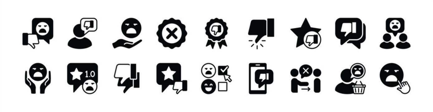 Negative and bad for rating review feedback, satisfaction, experience icon vector set. Contains sad customer, thumbs down, give one star, cross badge, choice, disappointed for social media