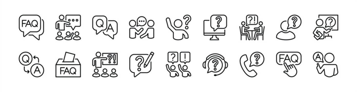 FAQ thin line icon set. Contains chat speech bubble of questions, answers, help, support, discussion, solution, problem, phone call, talk, communication, comment, conversation, box - vector